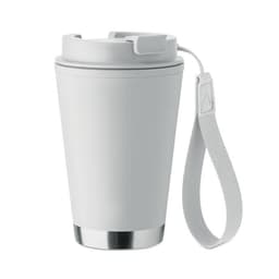 A drink bottle in a sleek grey design with a stainless steel base and a matching strap for easy carrying.
