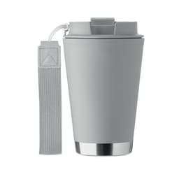 A drink bottle in a sleek grey design with a silver base and a strap for easy carrying.