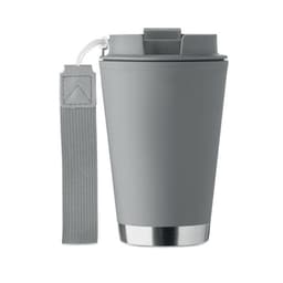 A drink bottle in grey with a silver base and a detachable grey strap. Features a secure lid and a smooth finish.