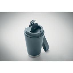 A drink bottle in dark grey with a silver bottom and a flip-top lid. It features a handle for easy carrying.