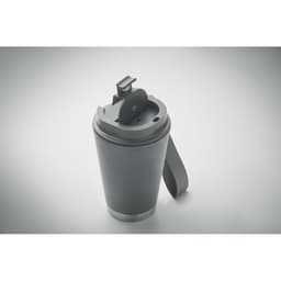 A drink bottle in dark grey with a secure lid and a handle for easy carrying. It features a logo on its surface.