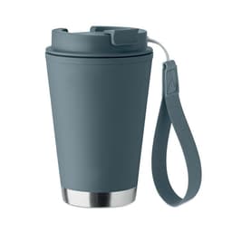 A drink bottle in a dark grey colour with a stainless steel base and a silicone strap for easy carrying.