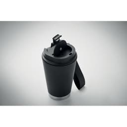 A drink bottle in black with a silver base and a removable lid featuring a handle. It has a logo on the side.