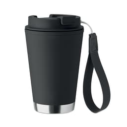 A drink bottle in matte black with a silver base and a black strap for carrying. It features a lid with a closure.