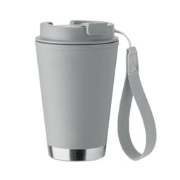 A grey drink bottle with a metallic bottom and a strap, featuring a secure lid.