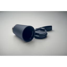 A drink bottle in navy blue with a removable dark lid and a wrist strap. It has a sleek, modern design.