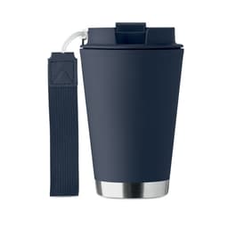 A drink bottle in navy blue with a silicone sleeve and a metal base, featuring a matching strap.