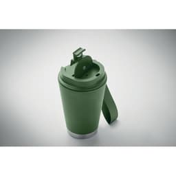 A drink bottle in green with a silver base and a lid featuring a handle and opening mechanism.