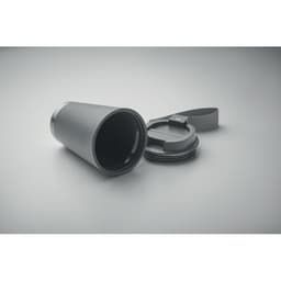 A drink bottle in grey with a removable lid and a carrying strap. Features a sleek, modern design.