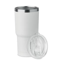 A white drink bottle with a stainless steel rim and a clear plastic lid. It features a logo.