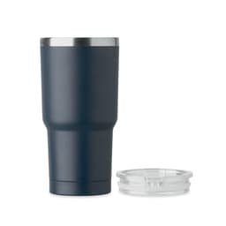A drink bottle in navy blue with a stainless steel rim and a clear lid. It has a sleek, tapered design.