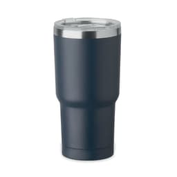 A drink bottle in a navy blue colour with a metallic silver lid and a tapered design, featuring a logo.