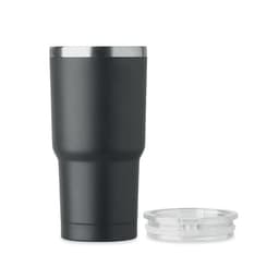 A drink bottle in matte black with a silver rim and a clear lid placed beside it.