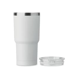 A drink bottle in matte white with a stainless steel rim, accompanied by a transparent lid.