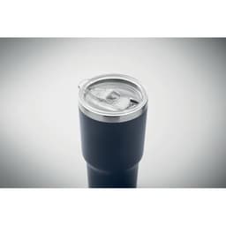 A drink bottle in dark blue with a stainless steel lid and a transparent opening. It features a logo on the surface.