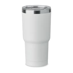 A drink bottle in white with a silver lid and a wide base, featuring a locking lid for easy use.