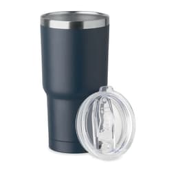 A drink bottle in navy blue with a stainless steel rim and a clear lid nearby.