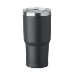 A drink bottle in matte black with a stainless steel lid and a wide base. It features a logo on the side.