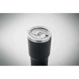 A drink bottle featuring a black body and a clear, transparent lid with a sliding opening mechanism.