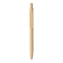 A bamboo pen with a smooth finish, featuring a clip and a tapered end.