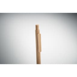 A pen in a light wooden finish with a clip on the side, set against a gradient background.