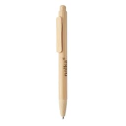 A bamboo pen featuring a clip and white tip, with a logo on the side.