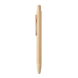 A pen made of bamboo with a natural finish and a metal clip, featuring a rounded tip.