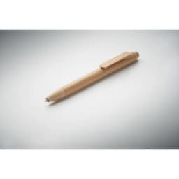 A wooden pen with a clip, featuring a natural finish and a smooth design on a light background.