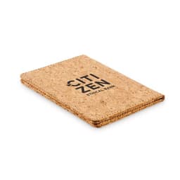 A cork wallet with a textured finish, featuring a logo on the front. It is made from natural cork material.