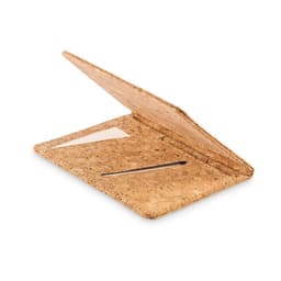 A cork wallet with an open flap, featuring a card slot and a pen holder, showcasing a natural cork texture.
