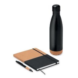 A black drink bottle, a notebook with a cork cover, and a black pen are arranged together.