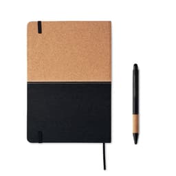 A notebook with a cork and black cover, accompanied by a black pen with a cork grip.