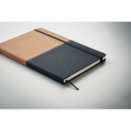 A notebook featuring a brown and black design, with a matching elastic band and a ribbon bookmark.