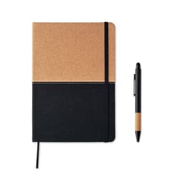 A notebook with a cork and black design accompanied by a matching black pen. The notebook features an elastic band.