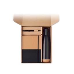A drink bottle, a notebook with a black and cork design, and a pen inside a cardboard box.