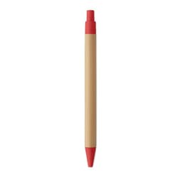 A pen with a bamboo barrel and red cap and tip, featuring a simple, eco-friendly design.