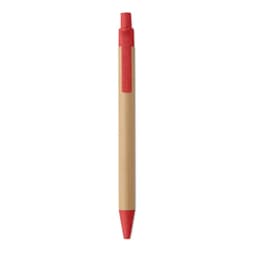 A red and natural bamboo pen with a pointed tip and a grip section in matching red. Features a branding logo.