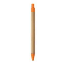 A pen with a bamboo body and bright orange accents, featuring a capped top and a pointed tip.