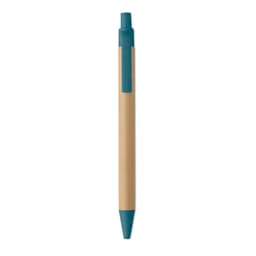 A pen with a wooden barrel and teal accents. It features a clip and a pointed tip.