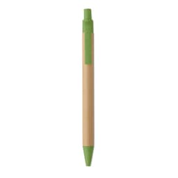 A green and natural wood pen with a green grip and tip, featuring a logo on the barrel.