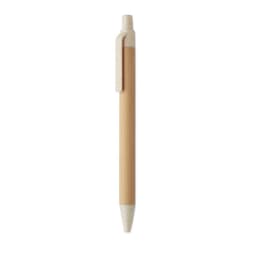 A pen featuring a natural wood finish with a white tip and clip, showcasing a simple, minimalist design.