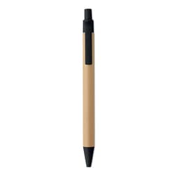 A pen with a natural wood finish and a black rubber grip, featuring a black cap and tip.