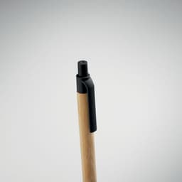 A pen with a wooden body and a black top, featuring a simple, sleek design.