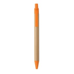 A pen with a wooden body and orange accents at the tip and clip. The pen has a simple, streamlined design.