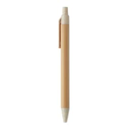 A pen with a bamboo body and a light-coloured tip, featuring a clip on one side. It has a simple design.