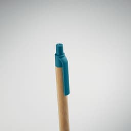 A pen with a wooden barrel and a turquoise cap, featuring a simple design and a logo on the barrel.