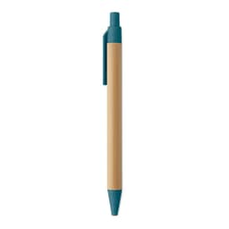 A pen with a bamboo body and teal end. It features a clip and a smooth, pointed tip.