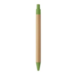 A pen featuring a bamboo body with a green tip and top, including branding on its surface.