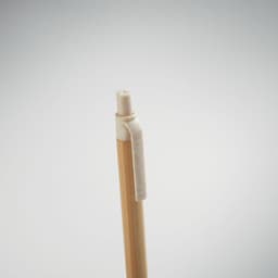 A pen with a beige cap and a bamboo body, featuring a clip on the side.