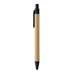 A pen with a bamboo barrel and black accents, featuring a sleek design and a clip for convenience.